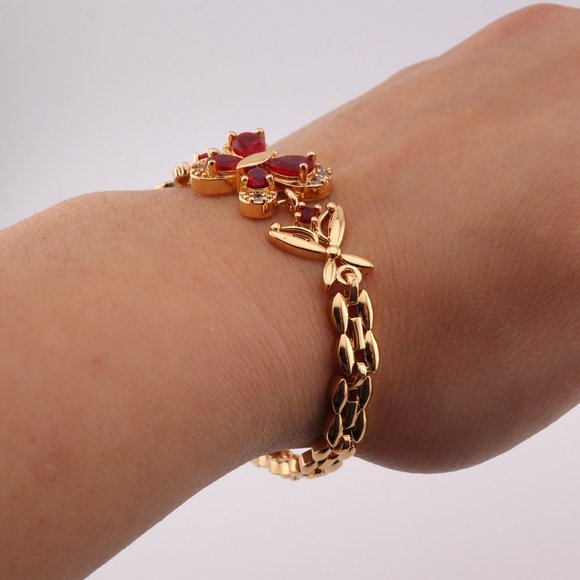 Enchanting Elegance 14k Gold Plated Red Cubic Zirconia Butterfly Linked Bracelet - Picture 4 of 10